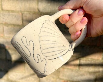 Wonky mug seconds sale- Handmade Ceramic pencil drawing  - Stoneware Pottery