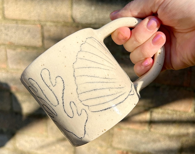 Wonky mug seconds sale- Handmade Ceramic pencil drawing  - Stoneware Pottery