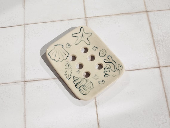 Handmade Ceramic Soap Dish: Sea Shell Pottery, Speckled Clay with Drainage