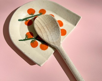 Spoon Rest for Kitchen Side, Hand Painted tomatoes Pattern, Stoneware Pottery
