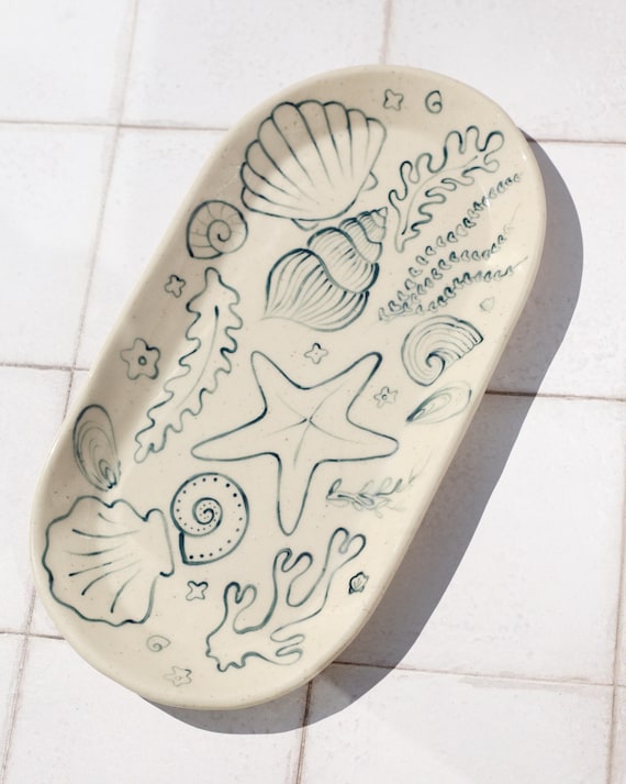 Hand-Painted Sea Shell Stoneware Large Tray, Slab Built Ceramic Dish, Blue Line Illustration
