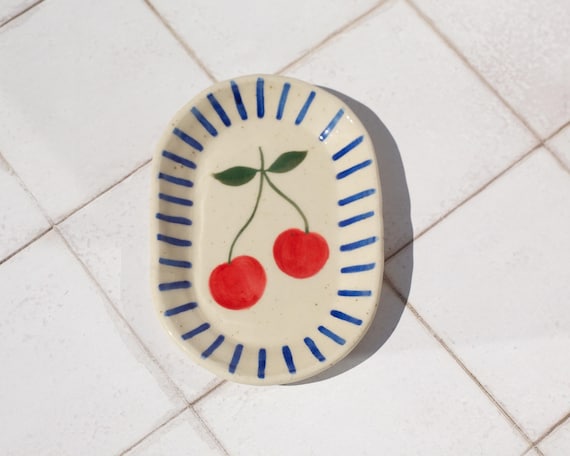 Hand-Painted Cherry Stoneware Tray: Handmade Ceramic Trinket Dish
