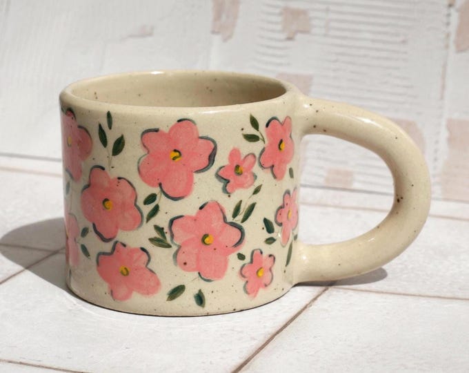 Small Stoneware Ceramic Mug with Hand Painted Floral Pattern