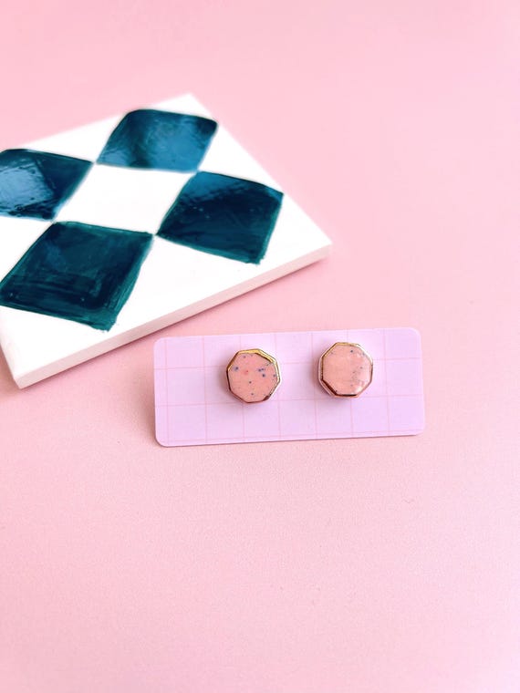 Hand-Painted Ceramic Hexagon Stud Earrings with Gold Lustre