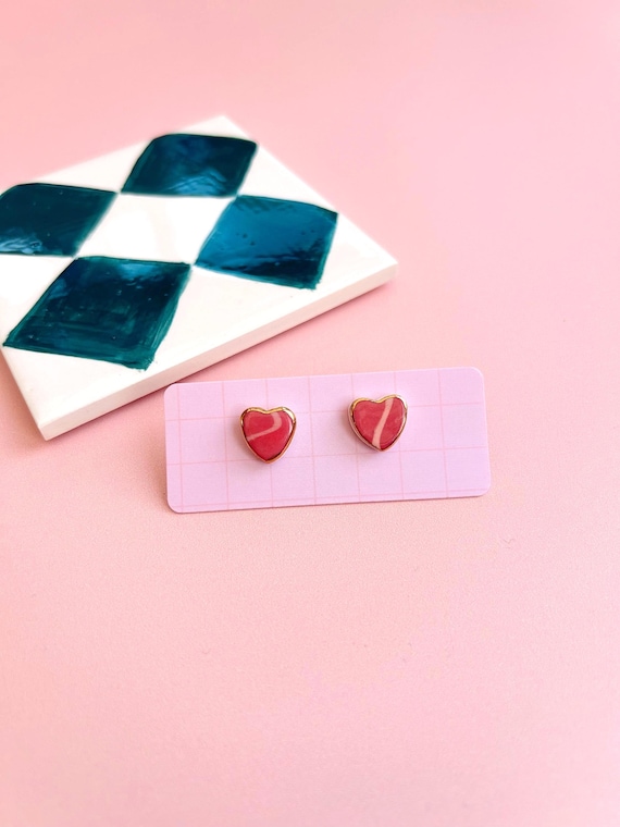 Hand-Painted Ceramic Heart Stud Earrings with Gold Lustre