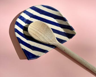 Spoon Rest for Kitchen Side, Blue Stripe Glaze Pattern, Stoneware Pottery