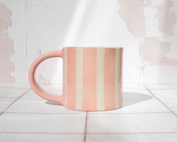 Handmade Striped Stoneware Mug: 330ml Pink Glaze Ceramic Coffee Cup