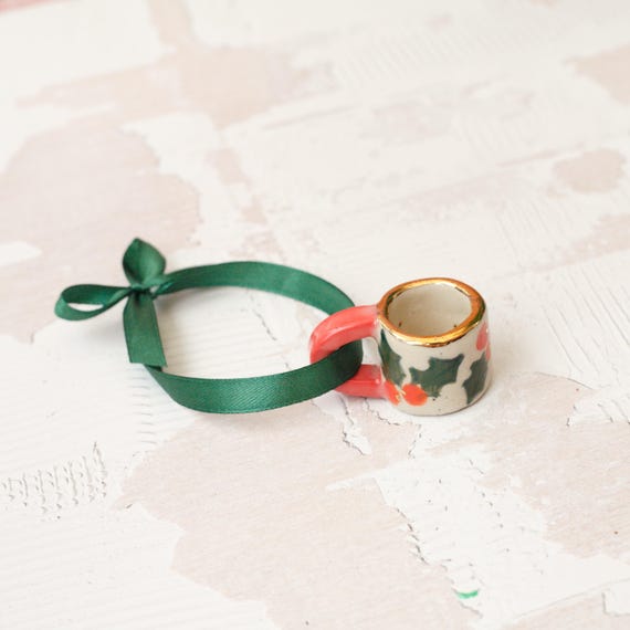 Hand-Painted Mini Mug Ornament With Christmas Berries :  Stoneware Ceramic with Gold Lustre