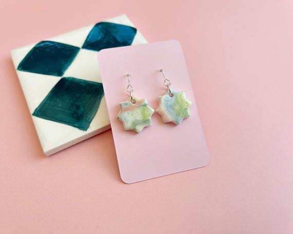 Handmade Ceramic Earrings - Hand-Painted Star Drop Earrings with Sterling Silver Hooks - Gold Lustre Detail