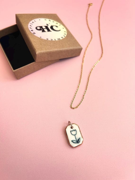 Gold Lustre Edge Tulip Pendant: Hand Painted Porcelain Flower