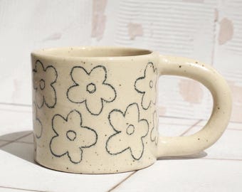 Small Handmade Ceramic Mug with Pencil Drawing and Floral Pattern - High-Fired Stoneware Pottery - Small or Regular