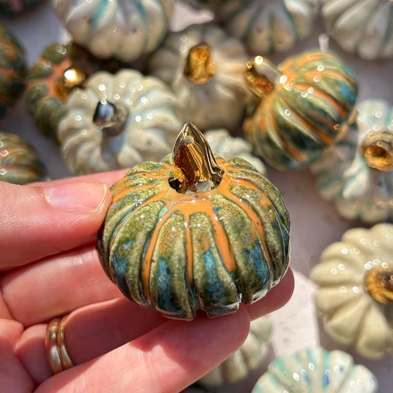 Mini Handmade Ceramic Pumpkin: Gold or Platinum Lustre Stem, various colours
