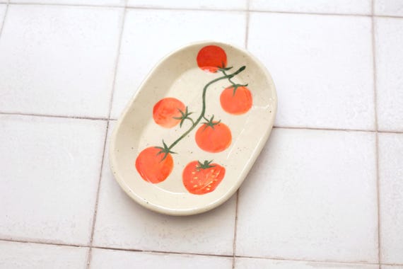 Hand-Painted Tomato Stoneware Trinket Dish – Slab Built Ceramic Tray