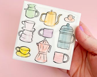 Hand painted tile coasters - choose one ceramic coaster - Floral/coffee/shell/bow/cat designs