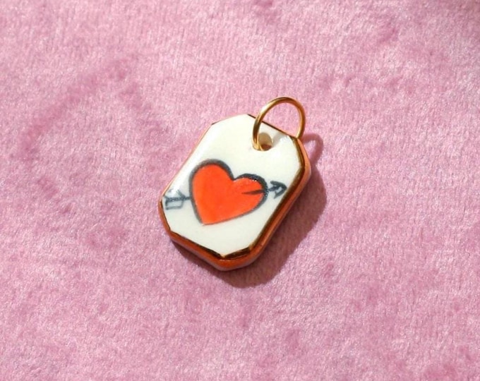 Handmade Porcelain Heart Pendant – Red Love Charm with Gold Lustre