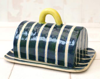 Ceramic Butter dish, Hand Painted Blue Stipe Pattern, Yellow Handle