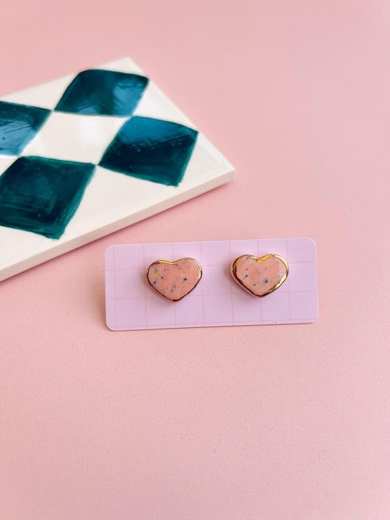 Hand-Painted Ceramic Heart Stud Earrings with Gold Lustre