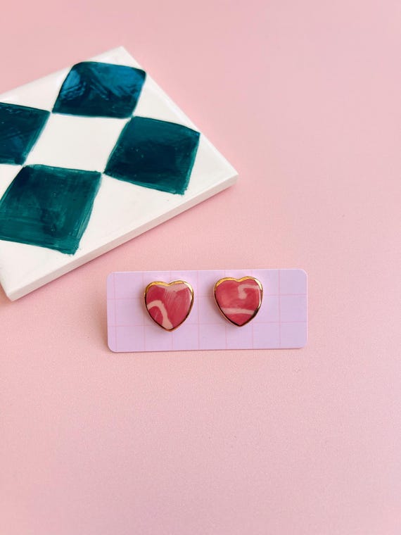 Hand-Painted Ceramic Heart Stud Earrings with Gold Lustre