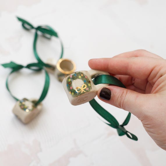 Hand-Painted Wreath Ornament (one mini mug ornament): Mini Ceramic Mug with Gold Lustre