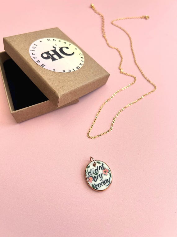 Hand Painted Pink Floral Ceramic Pendant, 'didnt cry today', Gold Luster Edge