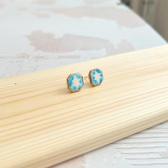 Hand-Painted Ceramic Star Stud Earrings with Gold Lustre | Sterling Silver Posts