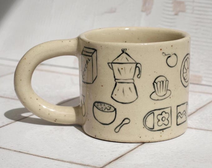 Small Handmade Stoneware Ceramic Mug with Hand Painted Breakfast Illustration