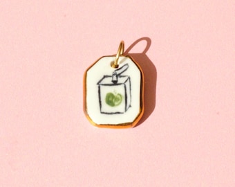 Apple juice Carton Pendant With Gold Lustre – Handmade Ceramic  Carton Pendant – Charm for Necklace