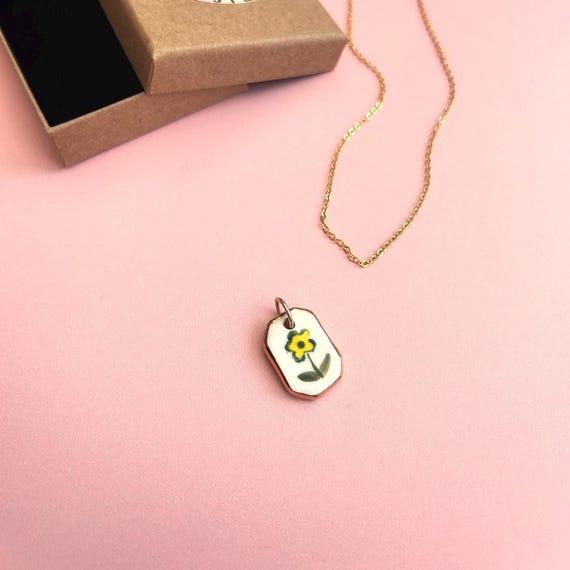 Handmade Ceramic Yellow Daisy Flower Pendant - Gold Luster Edge