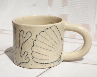 Small Handmade Ceramic Mug with shell Pencil Drawing and Floral Pattern - High-Fired Stoneware Pottery