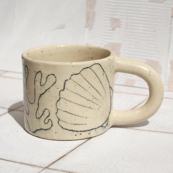 Handmade Ceramic Small Shell Mug: Pencil Drawing, Ocean Decor