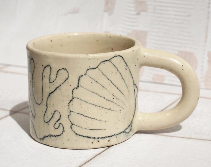 Small Handmade Ceramic Mug with shell Pencil Drawing and Floral Pattern - High-Fired Stoneware Pottery