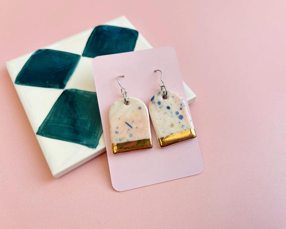 Handmade Ceramic Earrings - Hand-Painted Drop Earrings with Sterling Silver Hooks - Gold Lustre Detail
