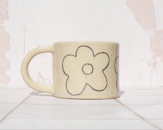 Hand Painted Pencil Floral Ceramic Mug: 310ml Handmade Stoneware Coffee Cup