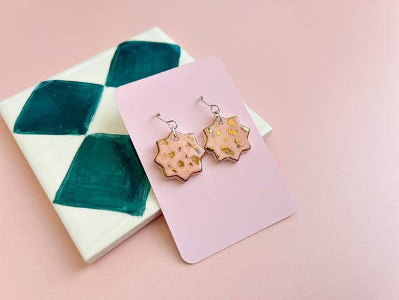 Handmade Ceramic Earrings - Hand-Painted Star Drop Earrings with Sterling Silver Hooks - Gold Lustre Detail