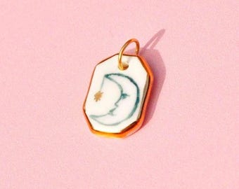 Moon & Face Pendant With Gold Lustre –  Ceramic Moon Face Pendant – Hand-Painted Celestial Charm for Necklace