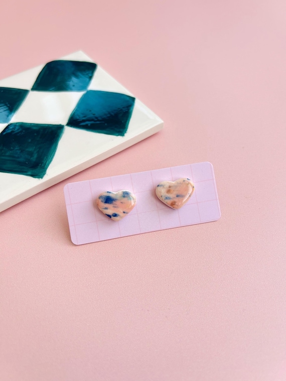 Hand-Painted Ceramic Heart Stud Earrings