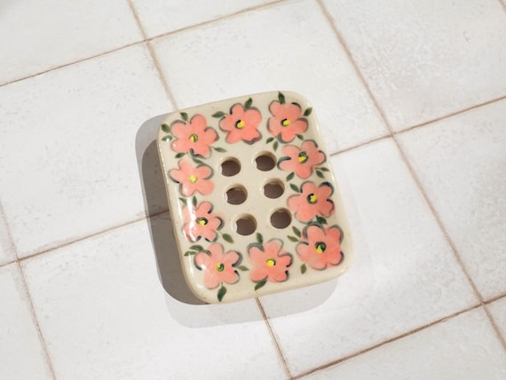 Handmade Ceramic Soap Dish: Floral Painted Pottery, Speckled Stoneware Clay with Drainage