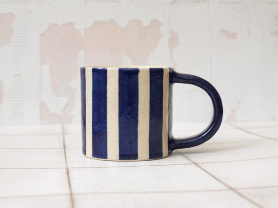 Handmade Stoneware Ceramic Striped Mug - blue and Clear Glaze on speckled clay