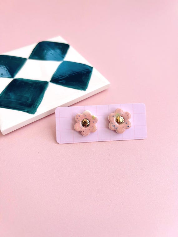 Hand-Painted ceramic Flower Stud Earrings with Gold Lustre and Sterling Silver Posts