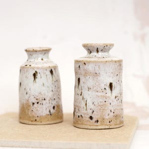 May include: Two ceramic vases with a cylindrical shape and a flared rim. The vases feature a speckled white glaze over a tan base, with dark brown vertical drips and flecks distributed across the surface, creating a textured appearance.