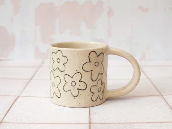 Handmade Stoneware Coffee Mug: Hand-Drawn Floral pencil Design