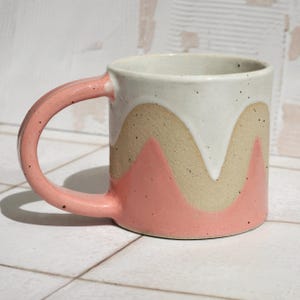Handmade Ceramic Wavy Mug, Pink and White Glazed, Speckled Stoneware Cup