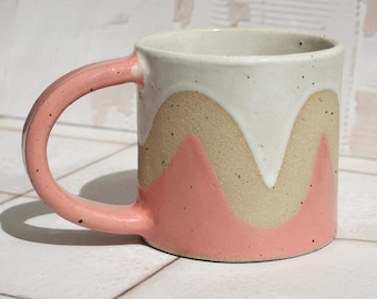 Handmade Ceramic Wavy Mug pink and white