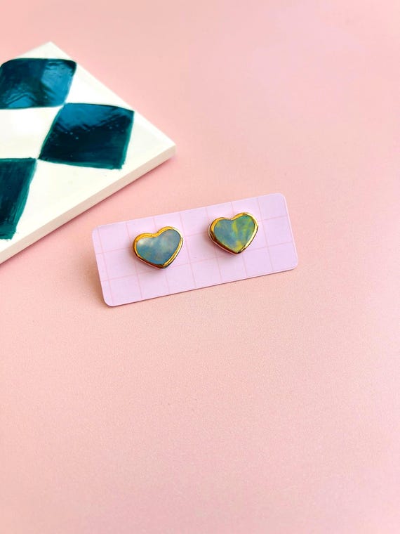 Hand-Painted Ceramic Heart Stud Earrings with Gold Lustre