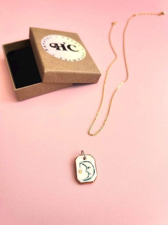 Hand-Painted Ceramic Celestial Moon Face Pendant (2cm)– Gold Lustre Edge