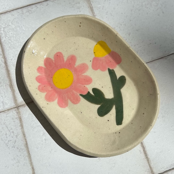 Hand painted floral stoneware tray - Slab built hand made pottery - Trinket dish/Jewellery tray