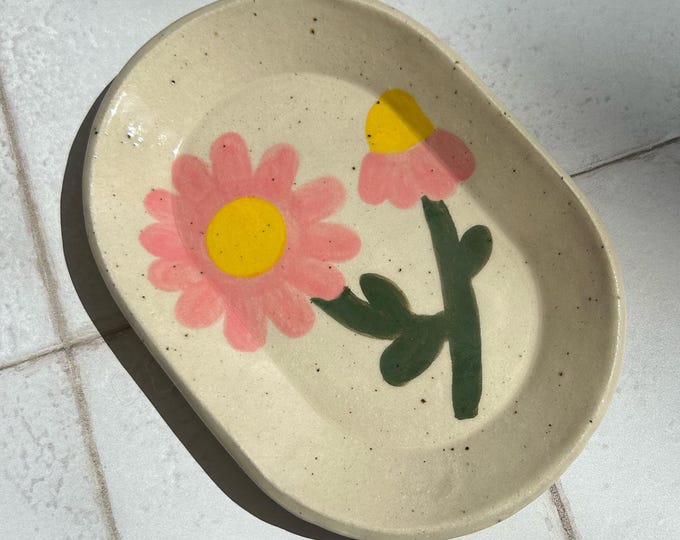 Hand painted floral stoneware tray - Slab built hand made pottery - Trinket dish/Jewellery tray