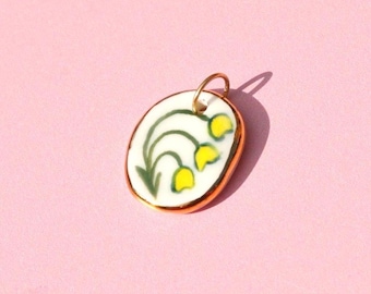 Yellow Drooping Flowers Pendant with gold lustre – Hand-Painted Ceramic Flower necklace Pendant – Whimsical Yellow Drooping Floral Charm