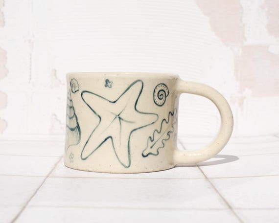 Hand Painted Sea Shell Ceramic Mug: 310ml Handmade Stoneware Coffee Cup