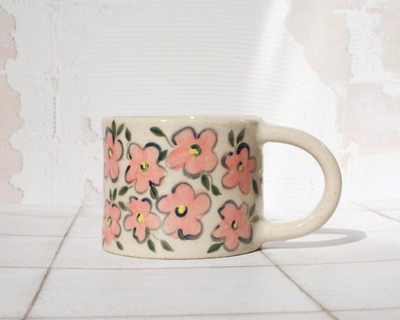 Hand Painted Floral Ceramic Mug: 310ml Handmade Stoneware Coffee Cup